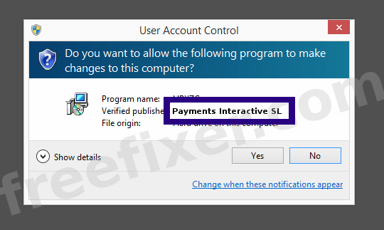 Screenshot where Payments Interactive SL appears as the verified publisher in the UAC dialog